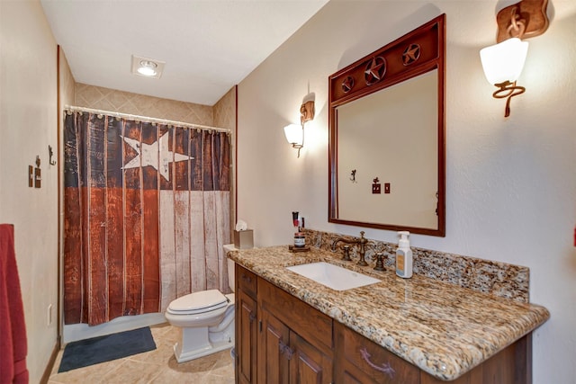 26410 Anderson Rd, Magnolia, TX 77354 - bathroom with curtained shower, tile patterned floors, vanity, and toilet