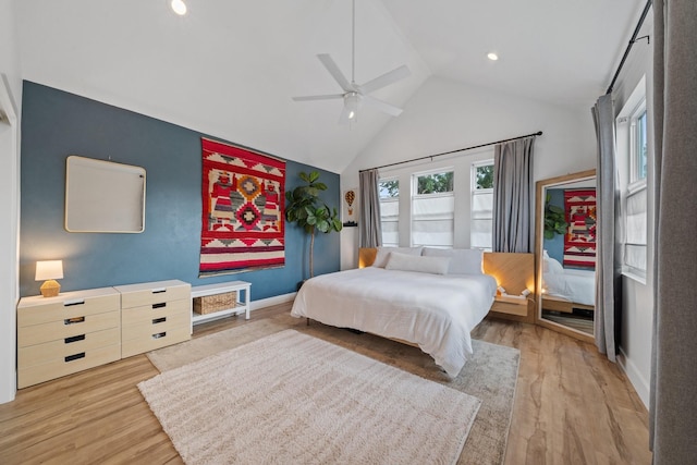 717 E 23rd St, Houston, TX 77008 - bedroom with light wood-style flooring, high vaulted ceiling, baseboards, recessed lighting, and ceiling fan