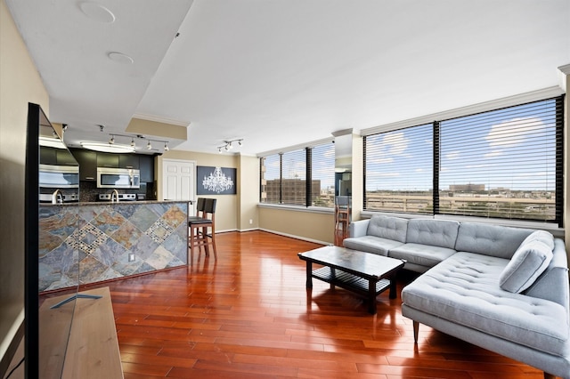 living area with rail lighting, wood finished floors, and baseboards