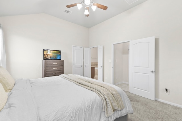 bedroom featuring light carpet, baseboards, high vaulted ceiling, ceiling fan, and connected bathroom