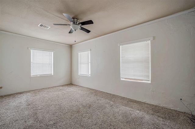 spare room featuring carpet flooring, a ceiling fan, crown molding, and a textured ceiling
