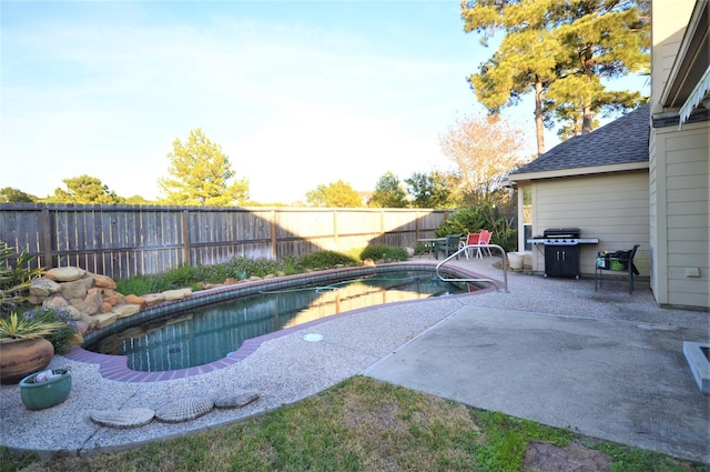 view of swimming pool with a fenced backyard, a patio, and a grill