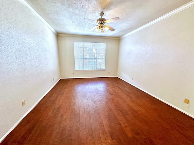 unfurnished room featuring ceiling fan, crown molding, wood finished floors, a textured ceiling, and baseboards