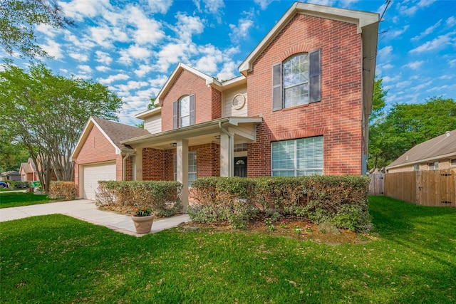 traditional-style home with brick siding, concrete driveway, an attached garage, and a porch