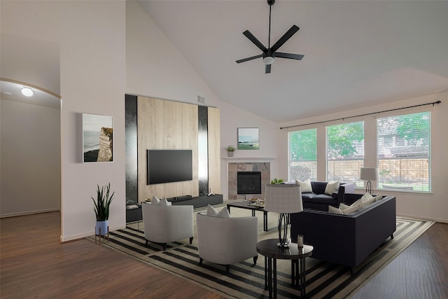 31214 Windcrest Park Ln, Spring, TX 77386 - living area with ceiling fan, high vaulted ceiling, wood finished floors, and a fireplace