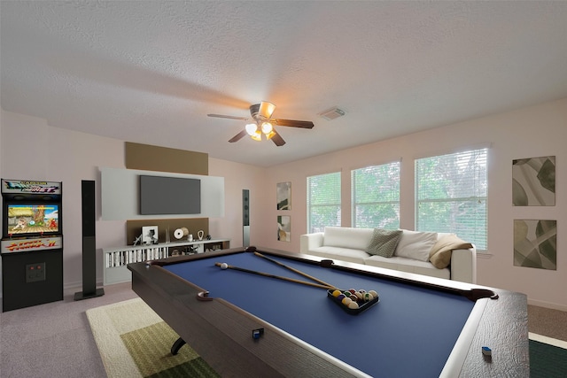 31214 Windcrest Park Ln, Spring, TX 77386 - playroom with light colored carpet, a ceiling fan, billiards table, baseboards, and a textured ceiling