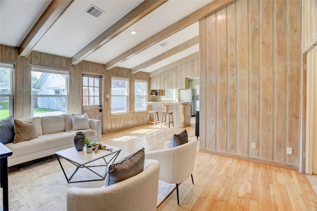 living area featuring wood-type flooring and wood walls