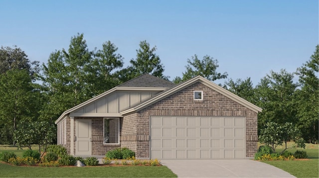 ranch-style house with brick siding, an attached garage, driveway, a front yard, and board and batten siding