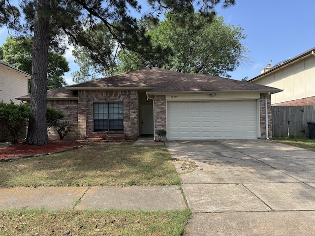 ranch-style home featuring driveway, an attached garage, brick siding, and a shingled roof