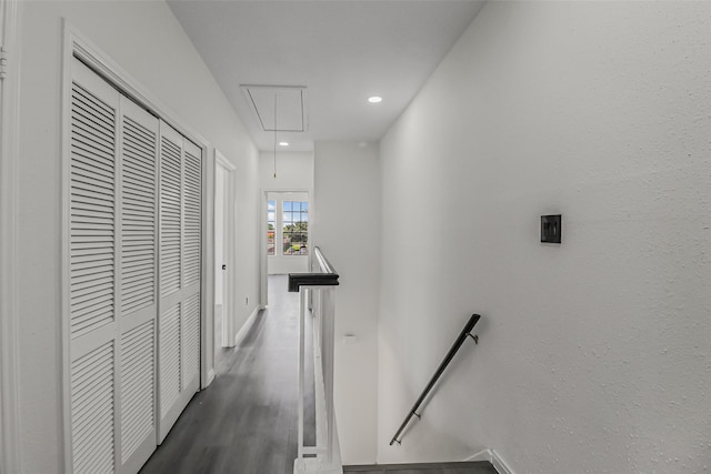 8888 Benning Dr Unit 313, Houston, TX 77031 - hall featuring an upstairs landing, attic access, recessed lighting, baseboards, and wood finished floors