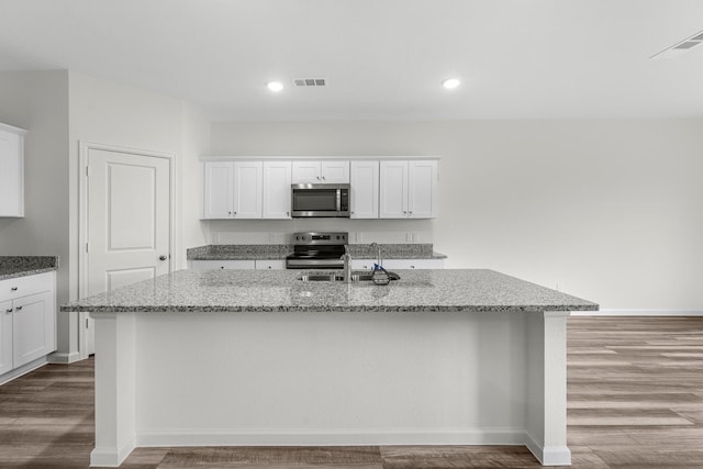 kitchen featuring stainless steel appliances, a sink, wood finished floors, an island with sink, and light stone counters