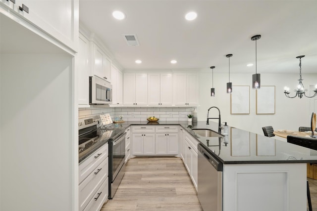 kitchen with stainless steel appliances, a sink, a peninsula, white cabinets, and tasteful backsplash