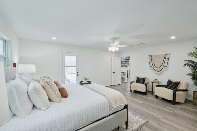 bedroom with recessed lighting, light wood finished floors, a ceiling fan, and baseboards