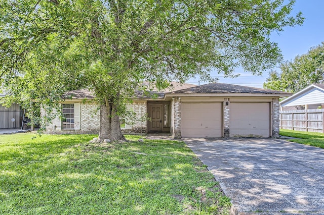 ranch-style home with a garage, concrete driveway, and brick siding