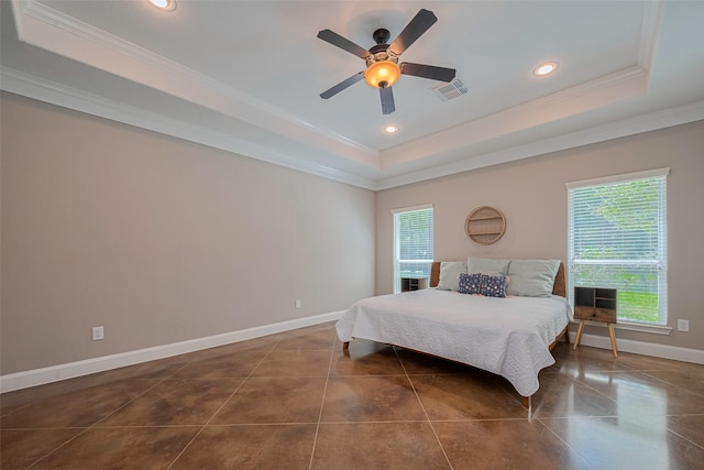 503 Weisinger Dr, Magnolia, TX 77354 - bedroom with crown molding, a tray ceiling, baseboards, recessed lighting, and ceiling fan