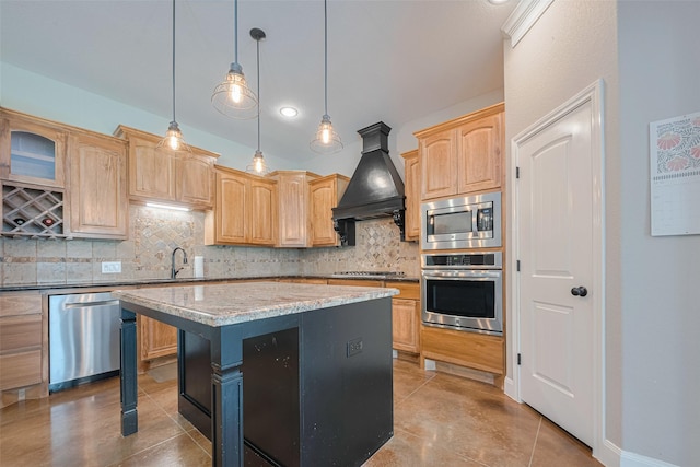 503 Weisinger Dr, Magnolia, TX 77354 - kitchen featuring appliances with stainless steel finishes, custom exhaust hood, light brown cabinetry, tasteful backsplash, and a sink