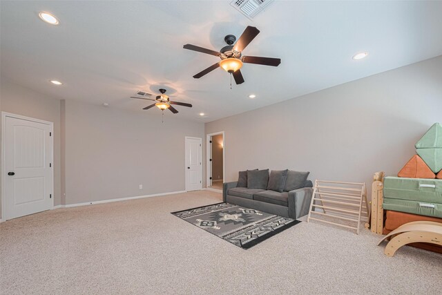 503 Weisinger Dr, Magnolia, TX 77354 - living room featuring carpet flooring, a ceiling fan, recessed lighting, and baseboards