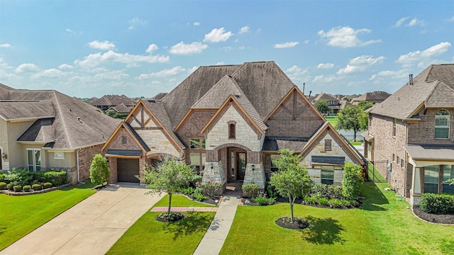 23615 Dolci Ln, Richmond, TX 77406 - view of front facade with stone siding, driveway, a residential view, a front yard, and a garage