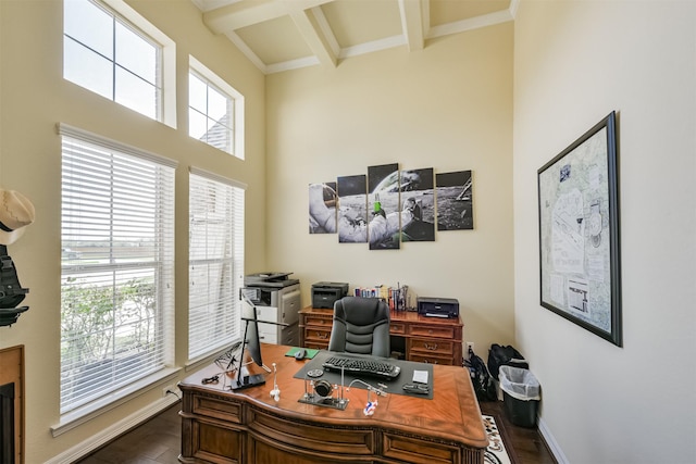 23615 Dolci Ln, Richmond, TX 77406 - office area with beam ceiling, dark wood-style flooring, baseboards, a towering ceiling, and coffered ceiling