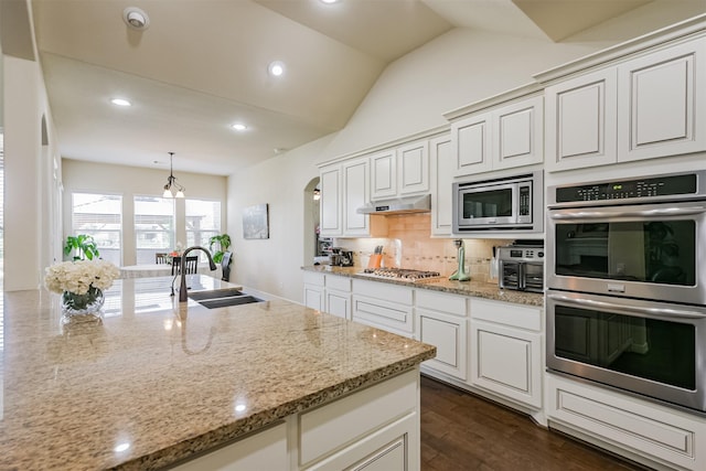 23615 Dolci Ln, Richmond, TX 77406 - kitchen with appliances with stainless steel finishes, a sink, dark wood finished floors, backsplash, and under cabinet range hood