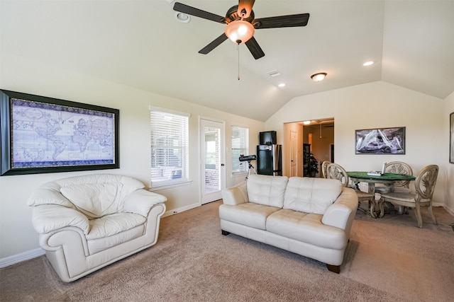 23615 Dolci Ln, Richmond, TX 77406 - living room with lofted ceiling, carpet floors, ceiling fan, baseboards, and recessed lighting