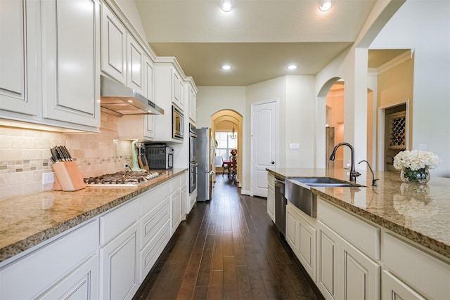 23615 Dolci Ln, Richmond, TX 77406 - kitchen featuring arched walkways, a sink, under cabinet range hood, appliances with stainless steel finishes, and light stone countertops
