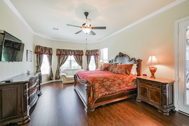 23615 Dolci Ln, Richmond, TX 77406 - bedroom with ornamental molding, dark wood-style flooring, and a ceiling fan
