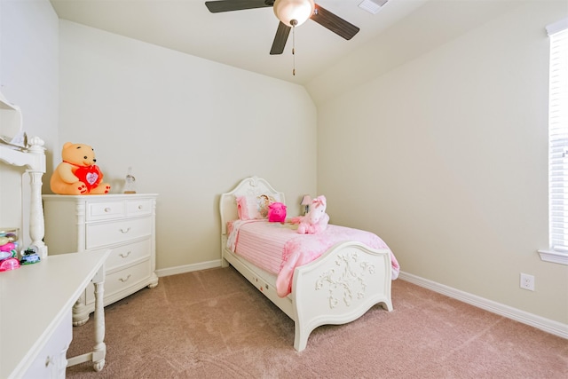 23615 Dolci Ln, Richmond, TX 77406 - bedroom with light colored carpet, baseboards, lofted ceiling, and ceiling fan