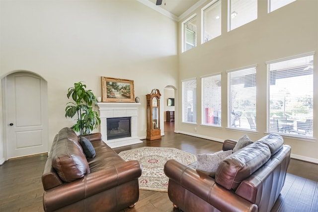 23615 Dolci Ln, Richmond, TX 77406 - living area featuring dark wood-type flooring, a towering ceiling, a tile fireplace, crown molding, and baseboards