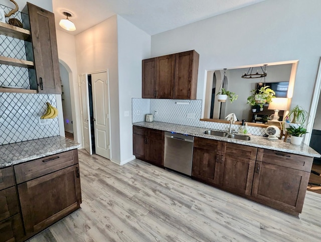 kitchen featuring stainless steel dishwasher, open shelves, a sink, and decorative backsplash