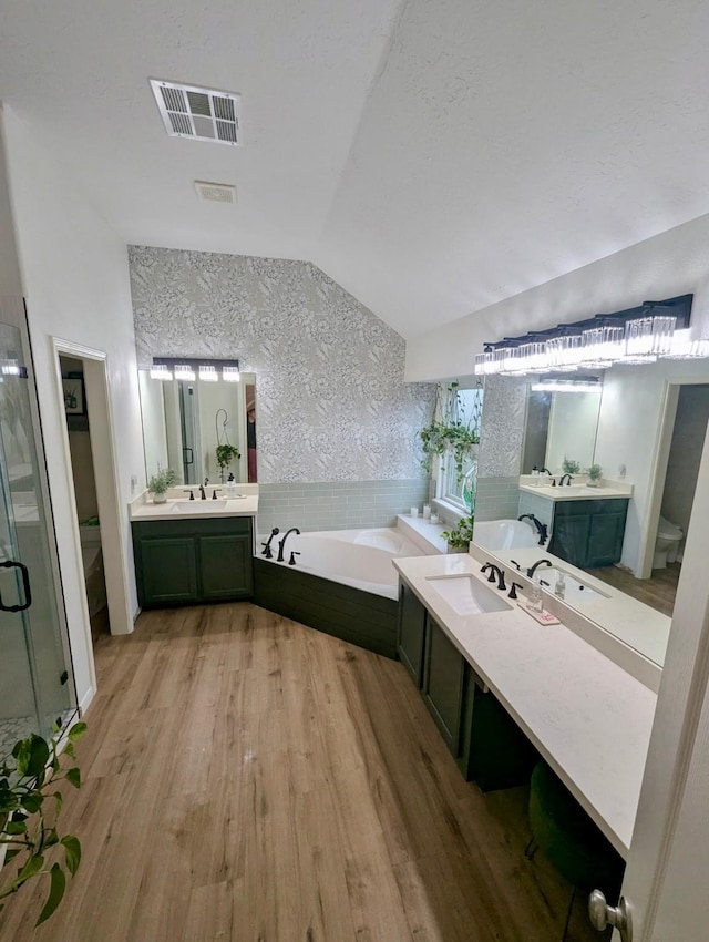 bathroom with lofted ceiling, wood finished floors, a bath, a shower stall, and two vanities