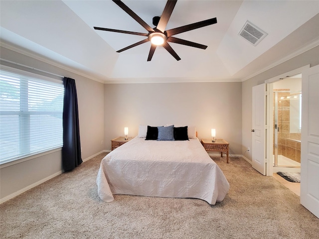 1241 Prince St, Houston, TX 77008 - bedroom with carpet flooring, ornamental molding, baseboards, ceiling fan, and vaulted ceiling