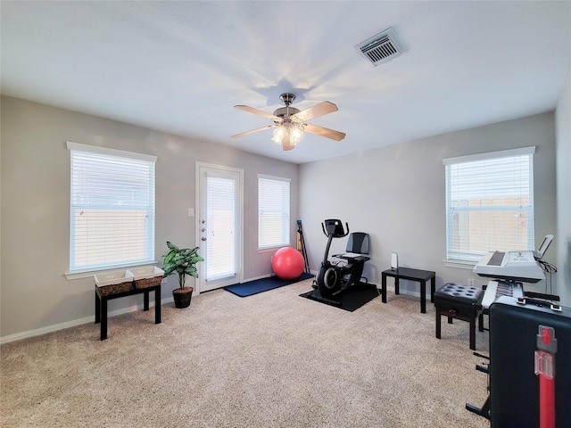 1241 Prince St, Houston, TX 77008 - exercise area with a ceiling fan, carpet, healthy amount of natural light, and baseboards