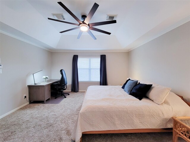 1241 Prince St, Houston, TX 77008 - carpeted bedroom with a tray ceiling, a ceiling fan, crown molding, baseboards, and an office area