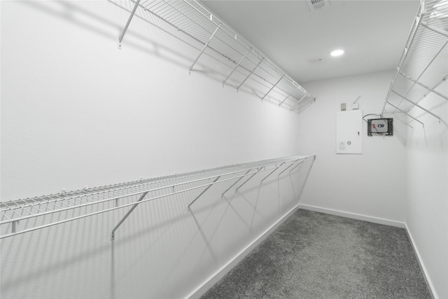 walk in closet with dark colored carpet