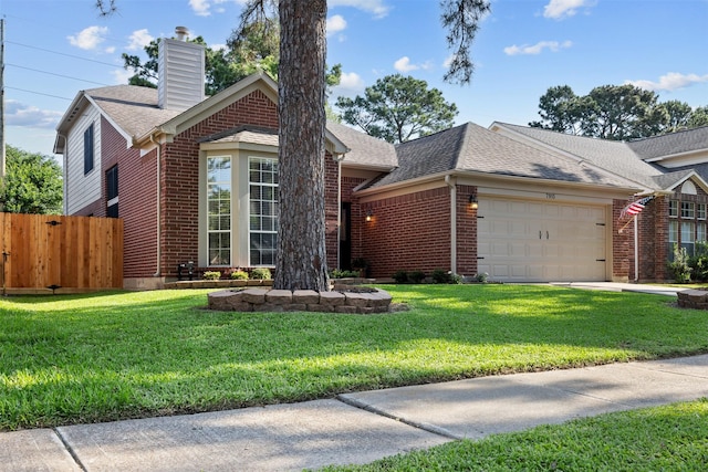view of front of house featuring brick siding, an attached garage, a chimney, and a shingled roof