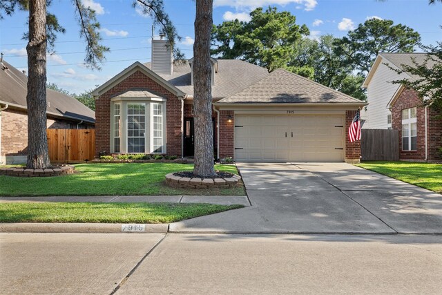 ranch-style house with brick siding, an attached garage, driveway, a chimney, and a shingled roof