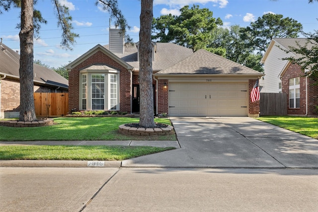 7915 Autumn Laurel Trl, Houston, TX 77095 - view of front of home featuring brick siding, a garage, concrete driveway, a chimney, and roof with shingles