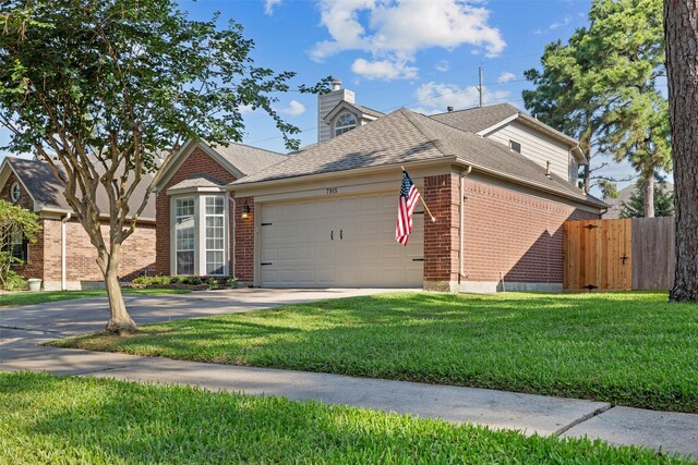 view of property exterior featuring brick siding, a garage, concrete driveway, a chimney, and roof with shingles