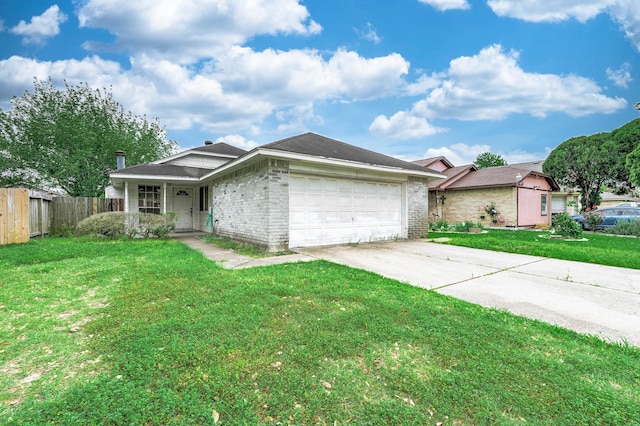 ranch-style home with concrete driveway, an attached garage, and brick siding