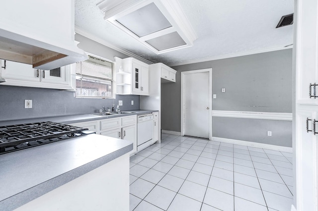 kitchen with dishwasher, open shelves, a sink, ornamental molding, and white cabinetry