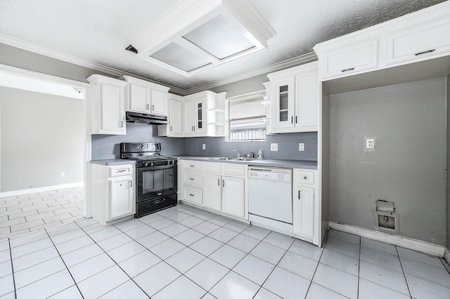 kitchen with dishwasher, black gas stove, under cabinet range hood, crown molding, and a sink