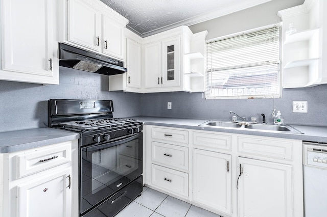 kitchen with black gas range oven, open shelves, under cabinet range hood, a sink, and dishwasher