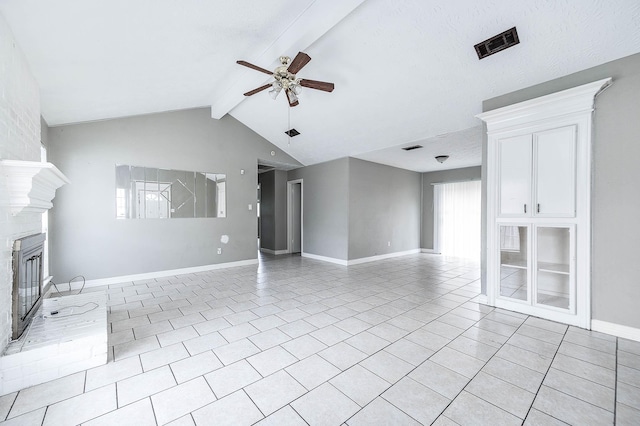 unfurnished living room featuring a ceiling fan, baseboards, a brick fireplace, and light tile patterned floors