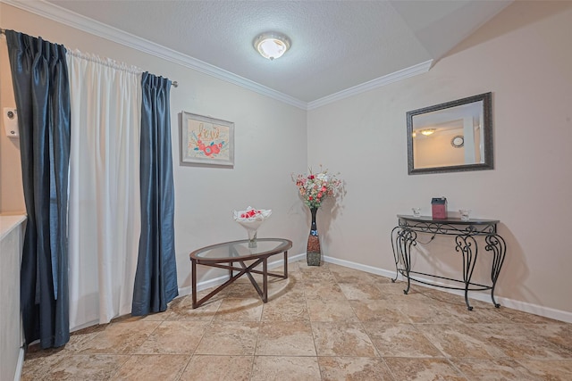 7919 Cabot St, Houston, TX 77078 - living area with light stone finish flooring, crown molding, a textured ceiling, and baseboards