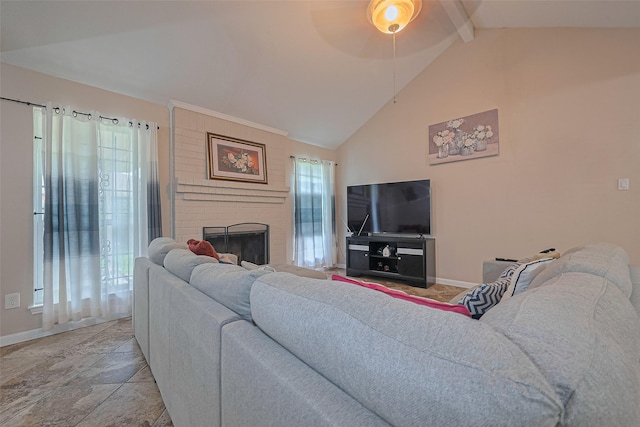 7919 Cabot St, Houston, TX 77078 - living area featuring ceiling fan, baseboards, a fireplace, beamed ceiling, and high vaulted ceiling