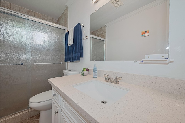7919 Cabot St, Houston, TX 77078 - bathroom featuring toilet, a stall shower, vanity, tile patterned floors, and crown molding
