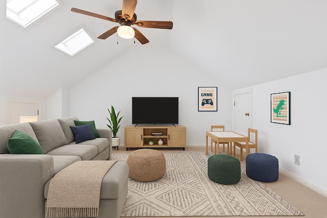 4010 Haven Pines Dr, Houston, TX 77345 - carpeted living room with a skylight, a ceiling fan, lofted ceiling, and baseboards