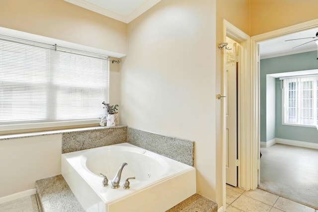 4010 Haven Pines Dr, Houston, TX 77345 - full bath with a bath, ornamental molding, ceiling fan, and tile patterned floors
