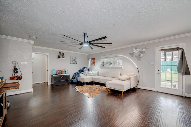 11104 Timber Crest Dr, Houston, TX 77065 - living area featuring a ceiling fan, dark wood-style flooring, a textured ceiling, crown molding, and baseboards